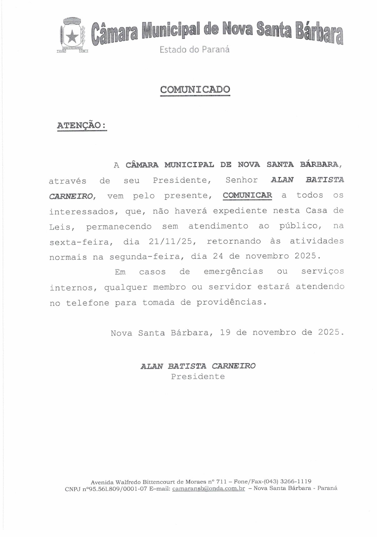 COMUNICADO - FERIADO DO DIA DA CONSCIÊNCIA NEGRA