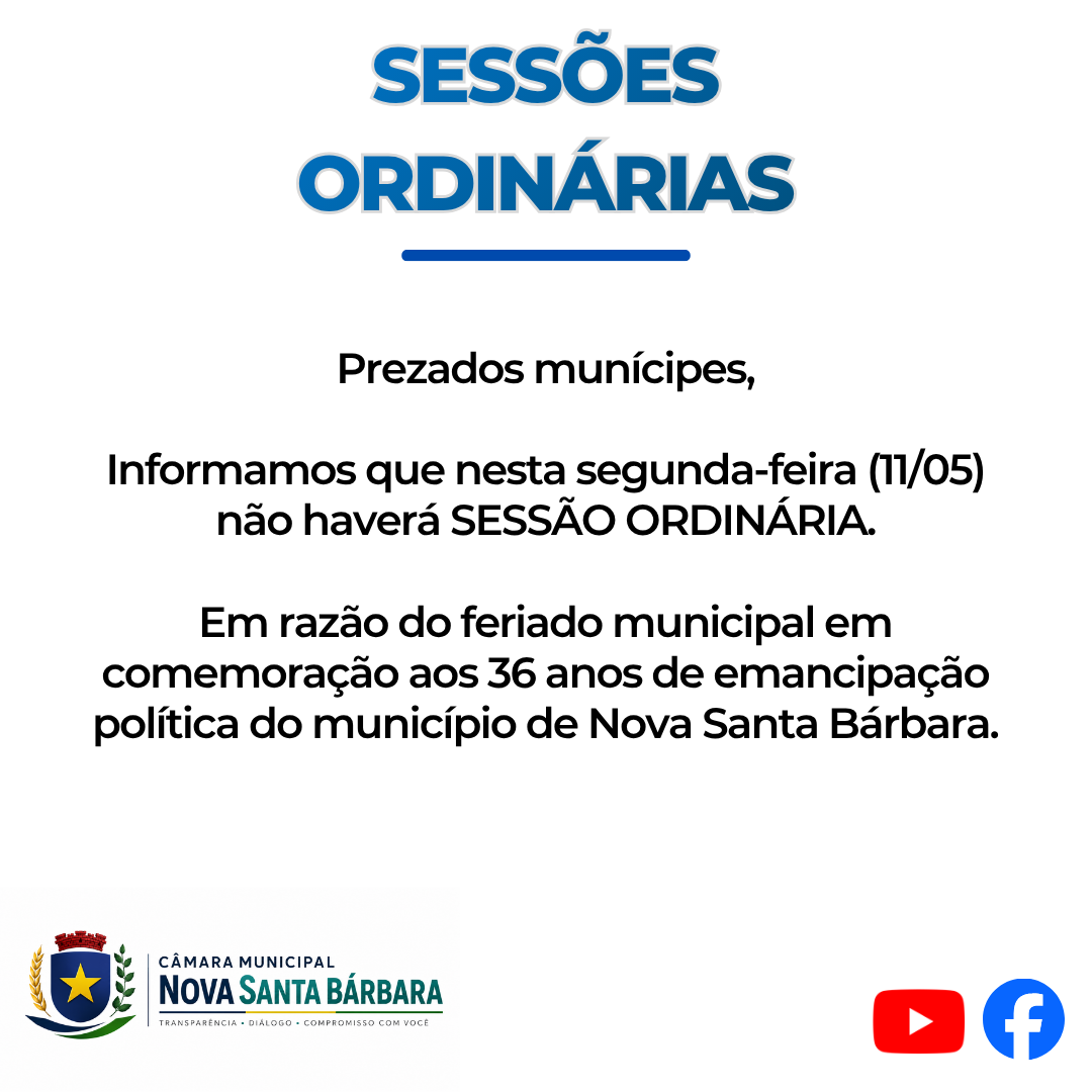 COMUNICADO IMPORTANTE - SESSÕES ORDINÁRIAS - FERIADO MUNICIPAL