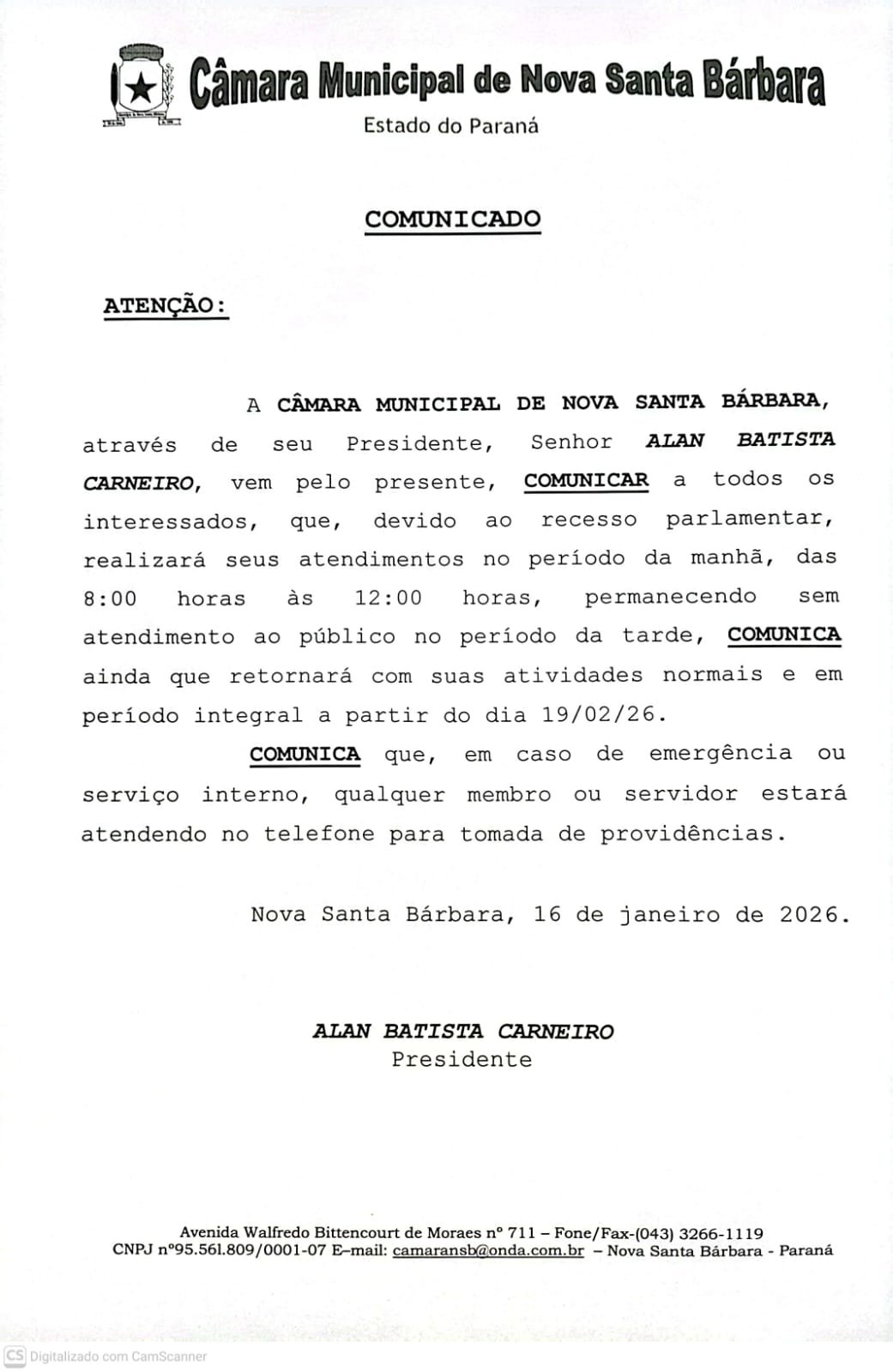COMUNICADO IMPORTANTE - RECESSO PARLAMENTAR